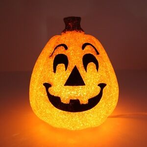 8.5" Halloween Light Up Pumpkin Jack O Lantern Melted Rubber Plastic Popcorn Vtg